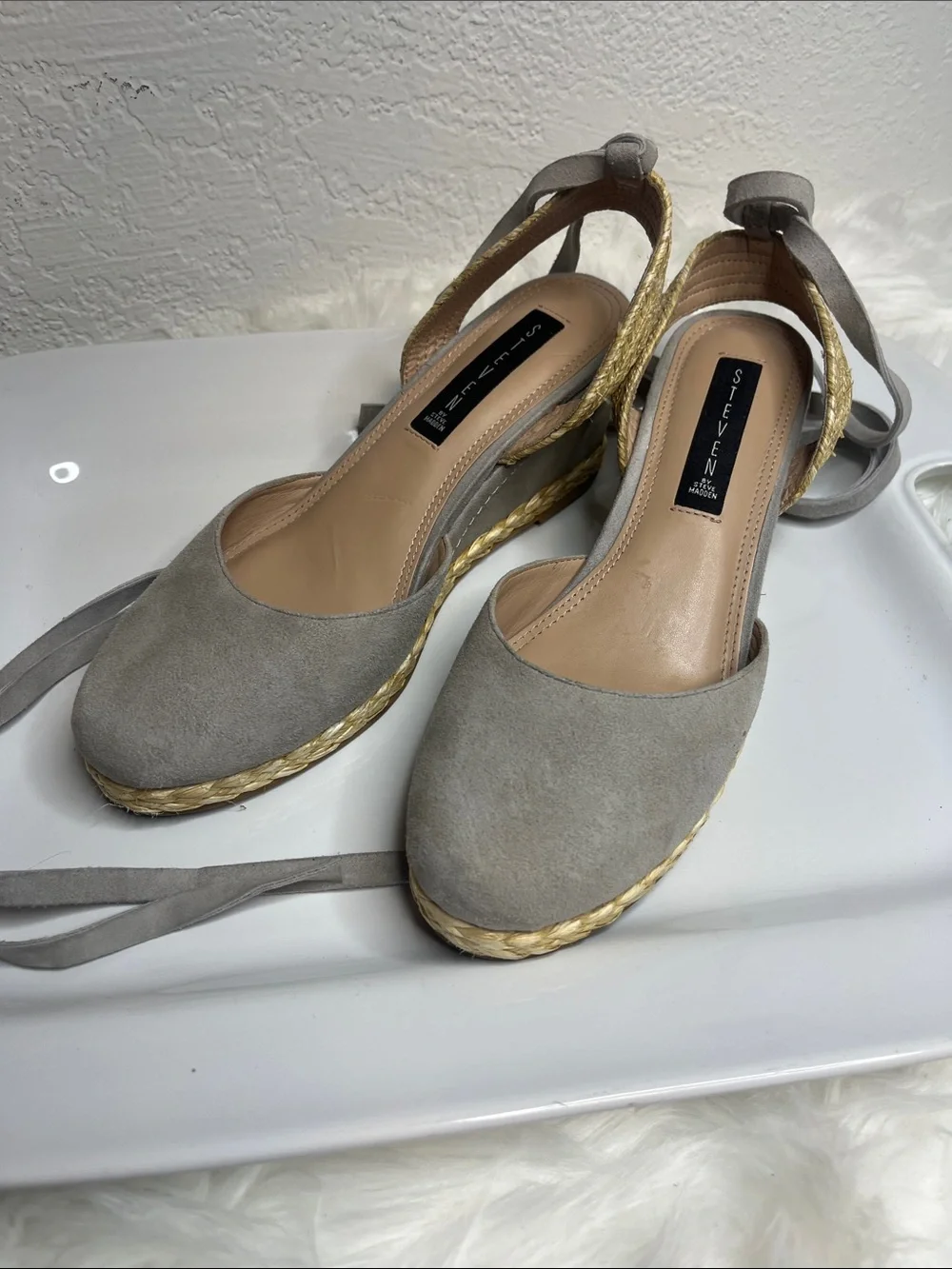 Steven By Steve Madden Gray Suede Espadrille Wedge Sandals with Ankle Tie